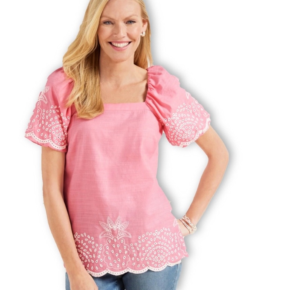 Pink Embroidered Square-Neck Puff Sleeve Top